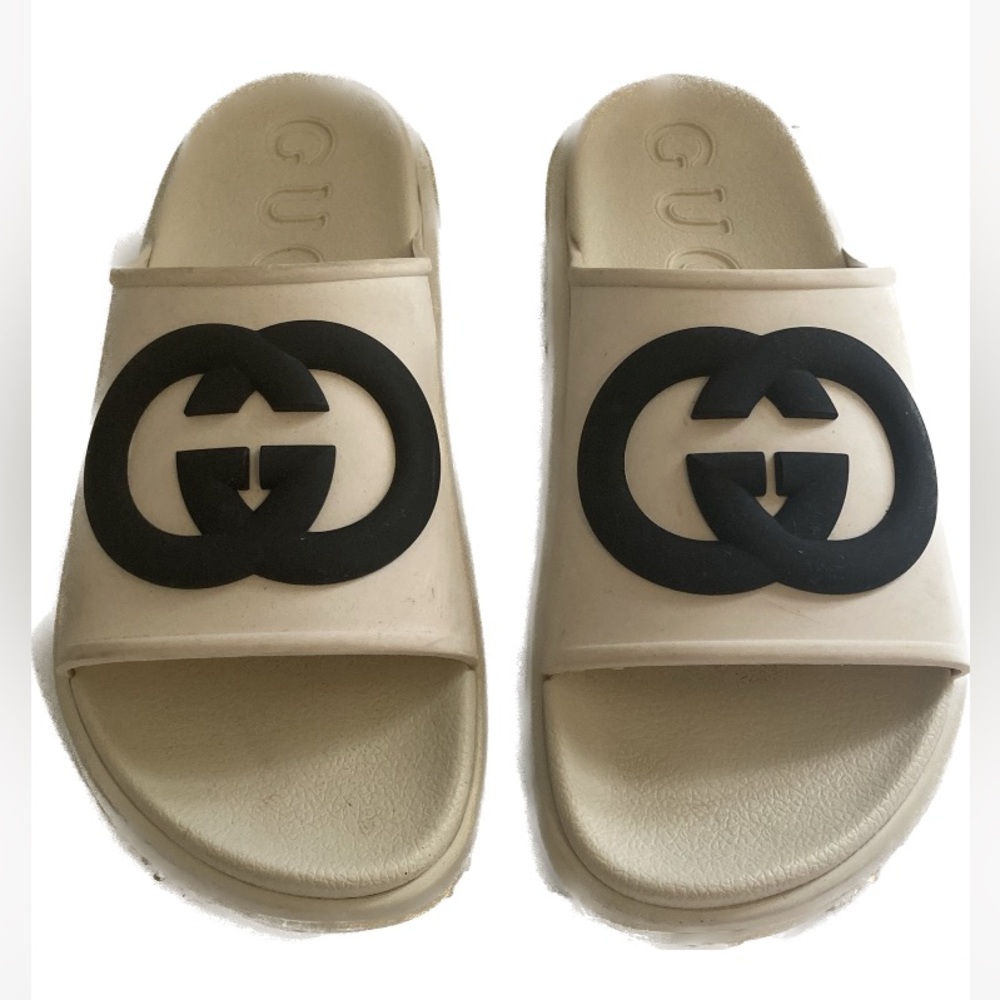 Gucci Beige and Black Slide Sandals